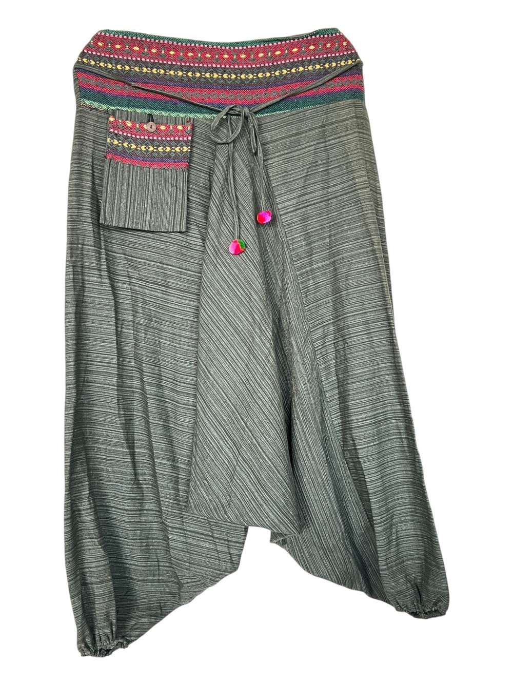 Boho Thai Hill Tribe Drop Crotch Harem Pants Patterned Waist Front Pocket S/M